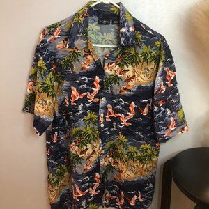 Mens Pattern Button Up SS Guess Shirt Sz L